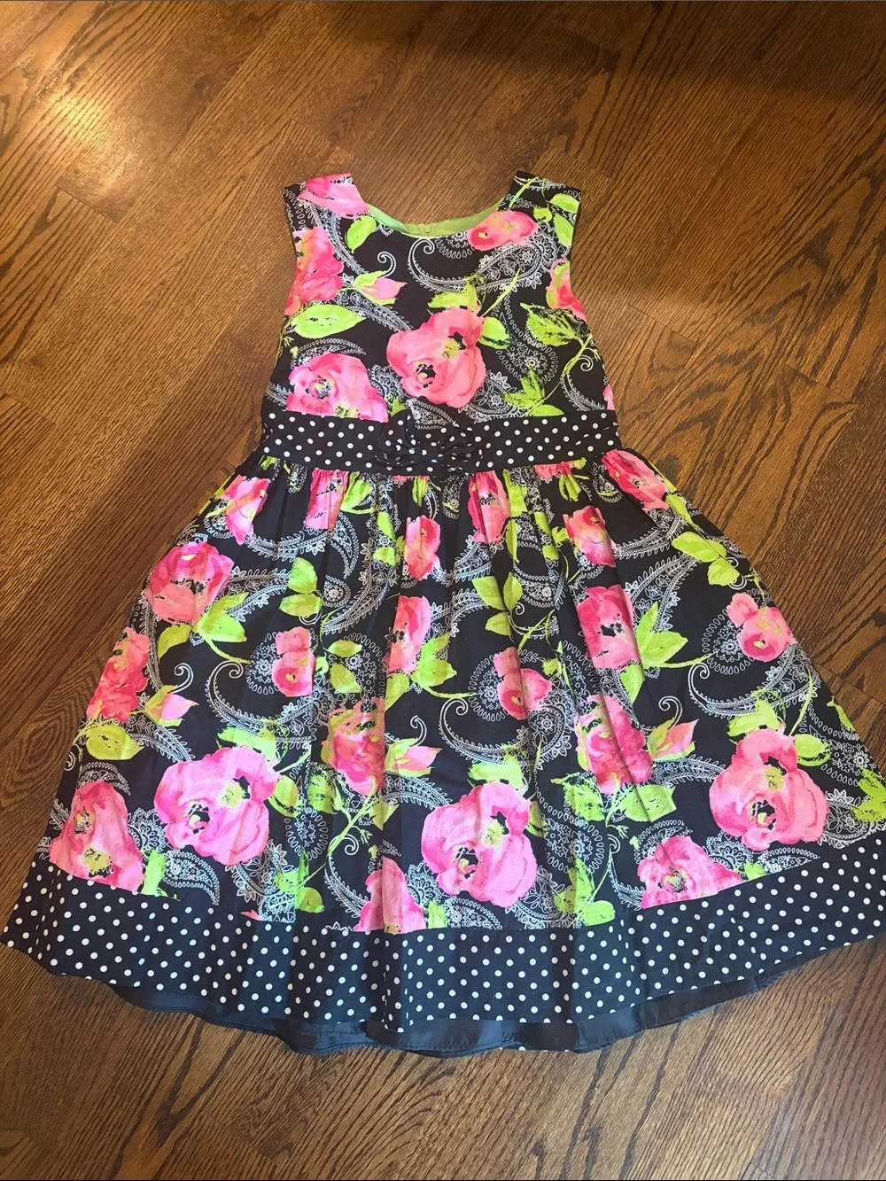 Bonnie Jean Black Floral Dress with Pink & Lime Accents